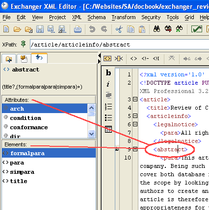 Exchanger XML Editor - Helper pane showing valid attributes and elements available for selected DocBook element.