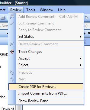 Screen capture showing the PDF review menu items in RoboHelp 10 